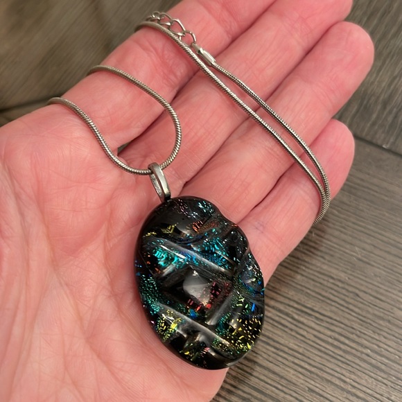 Dichroic Glass Quilted Glass Pendant & Chain - Picture 6 of 15